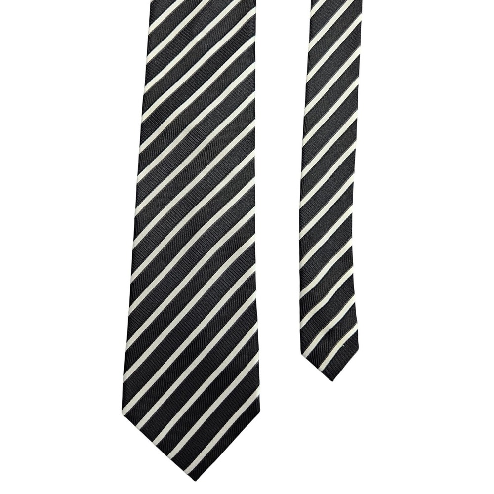 Mens XL Tie Black White Striped Silk Dark Academia Professor Classic Prep Career